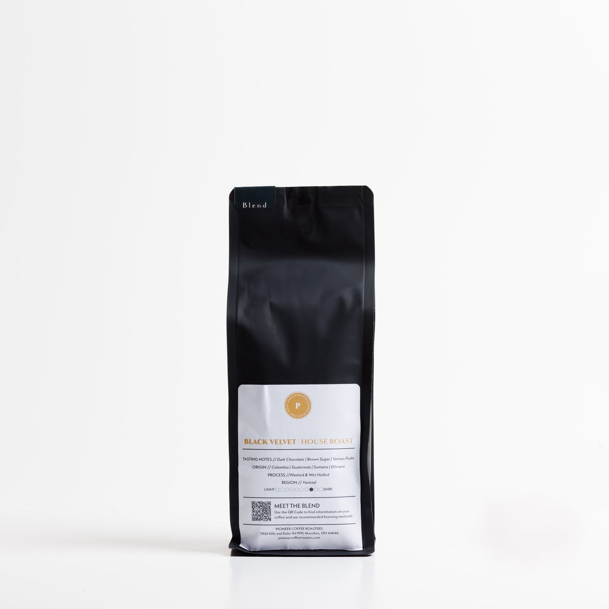 Pioneer Coffee Roasters Black Velvet dark roast blend coffee bag, back label with origin and flavor notes