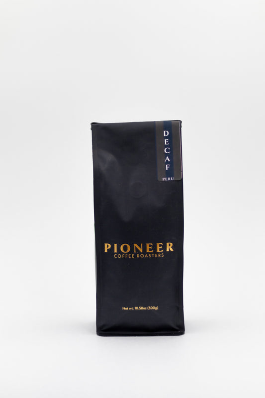 Pioneer Coffee Roasters Peruvian Organic Swiss Water Decaf coffee bag, back label