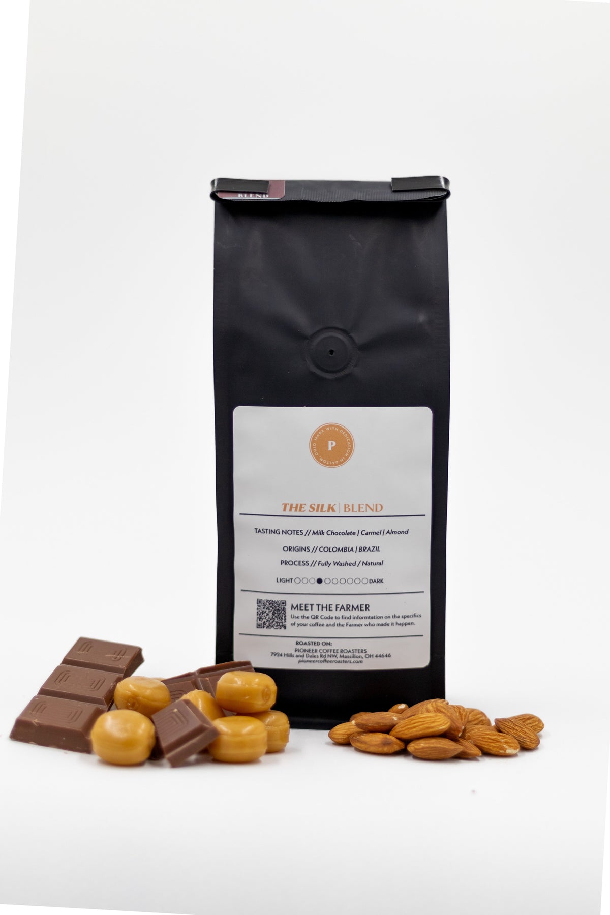 Pioneer Coffee Roasters Silk Blend coffee bag, front label