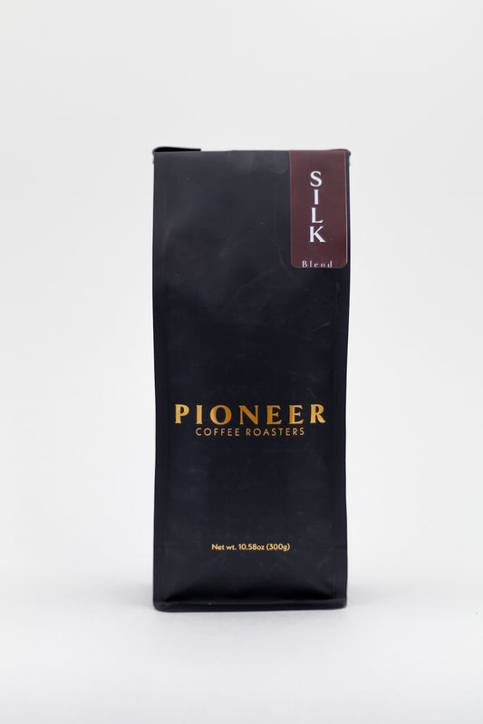 Pioneer Coffee Roasters Silk Blend coffee bag, back label