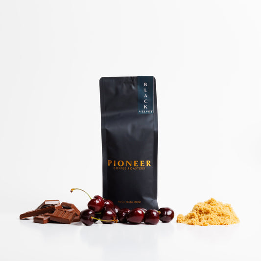 Pioneer Coffee Roasters Black Velvet dark roast blend coffee bag, front label