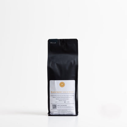 Pioneer Coffee Roasters Black Velvet dark roast blend coffee bag, back label with origin and flavor notes