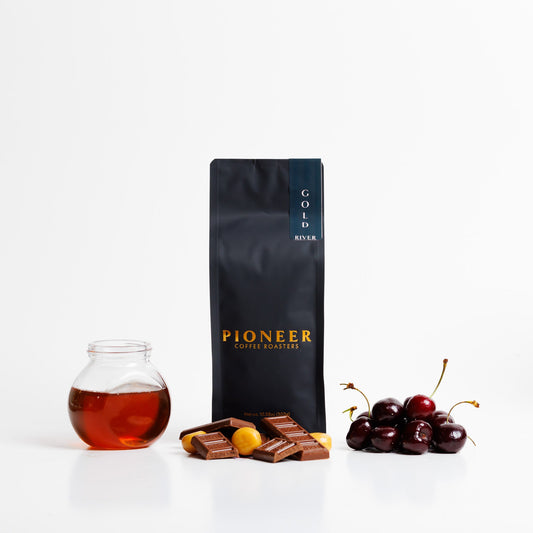 Pioneer Coffee Roasters Gold River medium roast blend coffee bag, front label