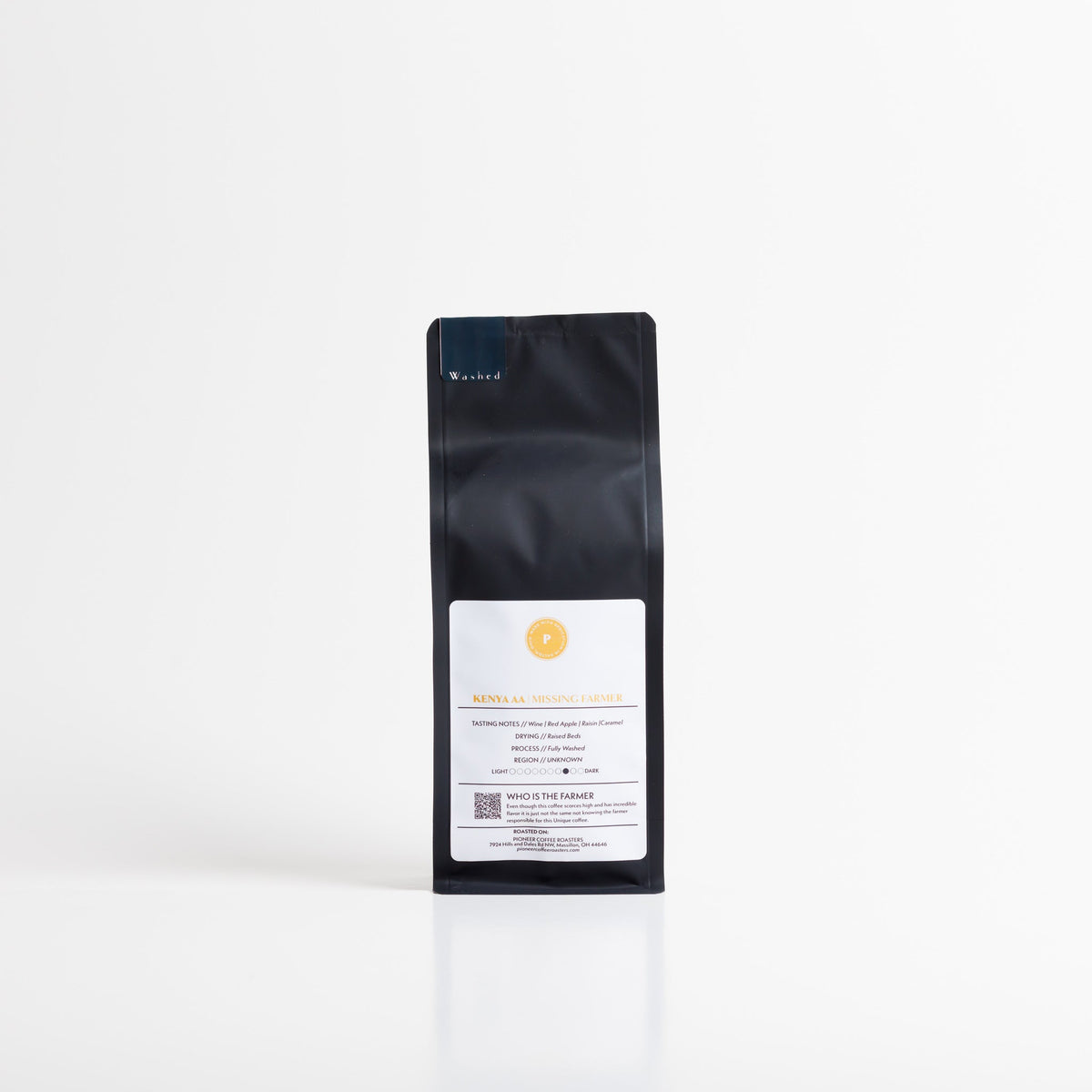 Pioneer Coffee Roasters Kenya Mystery washed coffee bag, back label with tasting notes