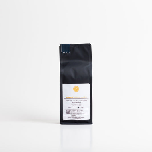 Pioneer Coffee Roasters Kenya Mystery washed coffee bag, back label with tasting notes