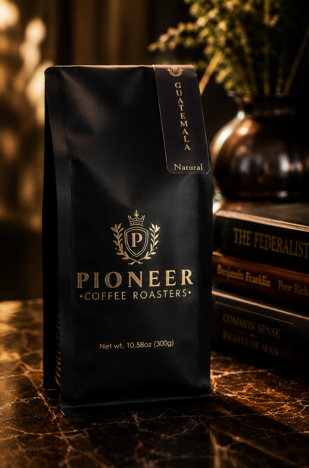 Pioneer Coffee Roasters Guatemalan Huehuetenango natural process coffee bag, front label